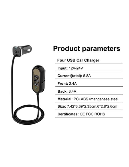 INCARCATOR AUTO 4XUSB 5.8A (2.4A FATA SI 3.4A SPATE) CU EXTENSIE 1.4M