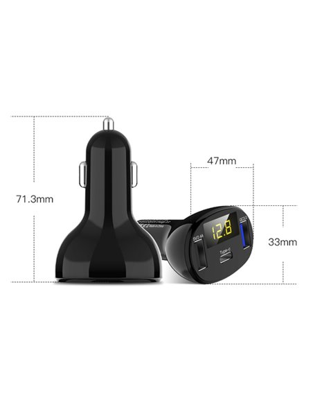 INCARCATOR AUTO 1xUSB QC3.0 + 1xUSB 2.4A + 1xUSB Type-C CU AFISAJ TENSIUNE/PUTERE LED