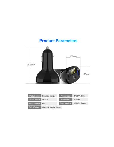 INCARCATOR AUTO 1xUSB QC3.0 + 1xUSB 2.4A + 1xUSB Type-C CU AFISAJ TENSIUNE/PUTERE LED