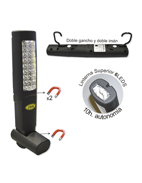 LAMPA DE LUCRU PORTABILA 24+6 LEDURI DUBLU MAGNETICA. SUPORT SI BAZA METALICA JBM