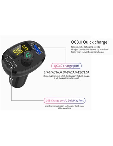 INCARCATOR AUTO 1XUSB QC3.0 SI 1XUSB 2.4A CU BLUETOOTH SI MODULATOR FM