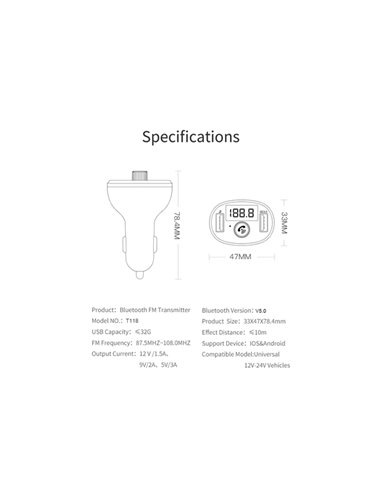 INCARCATOR AUTO 1XUSB QC3.0 SI 1XUSB 2.4A CU BLUETOOTH SI MODULATOR FM