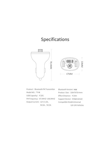 INCARCATOR AUTO 1XUSB QC3.0 SI 1XUSB 2.4A CU BLUETOOTH SI MODULATOR FM