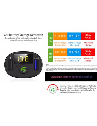 INCARCATOR AUTO 1XUSB QC3.0 SI 1XUSB 2.4A CU BLUETOOTH SI MODULATOR FM