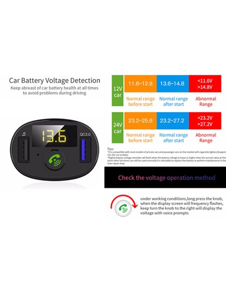 INCARCATOR AUTO 1XUSB QC3.0 SI 1XUSB 2.4A CU BLUETOOTH SI MODULATOR FM