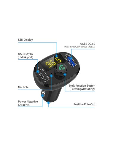 INCARCATOR AUTO 1XUSB QC3.0 SI 1XUSB 2.4A CU BLUETOOTH SI MODULATOR FM