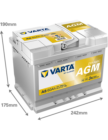 VARTA DYNAMIC AGM START-STOP A8 12V 60Ah 680A - Borna Normala (dreapta +)